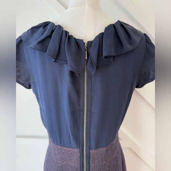 Rebecca Taylor Ruffle 100% Silk Wool Tweed Sheath Dress Blue and Purple Size 10 - Picture 8 of 13